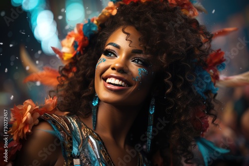 Brazilian Carnival. Young woman enjoying the carnival party. Beautiful young woman in a peacock carnival costume. Beauty model woman at a party over festive background with magical glow.