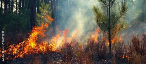 Burning young pine and forest fire illustrate wildfires or prescribed burning. photo