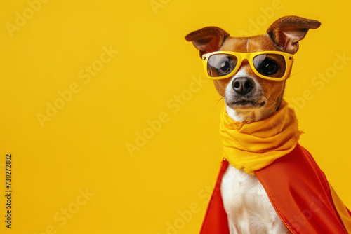 Dog wearing superhero costume on yellow background with copy space © Lazy_Bear