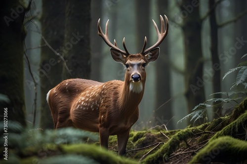A deer with large antlers stands in a green forest.