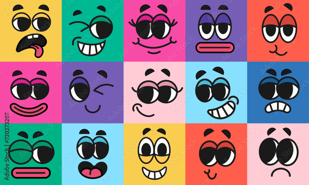 Fototapeta premium Various faces with different emotions in groovy style. Cartoon facial expressions. Colorful set of avatar designs. Mouth and eyes of doodle characters. Set of vector illustrations