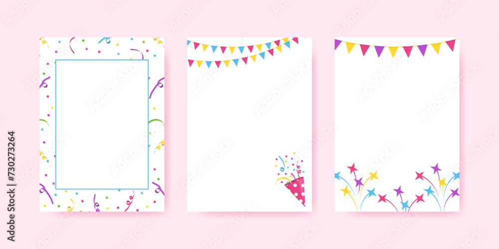 Festive backgrounds with colorful confetti and buntings set. Templates for greeting cards and invitations.