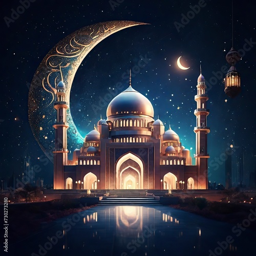 Photo Eid al-Fitr Celebration Best Mosque Glowing under Starry Night Sky with Crescent Moon Background