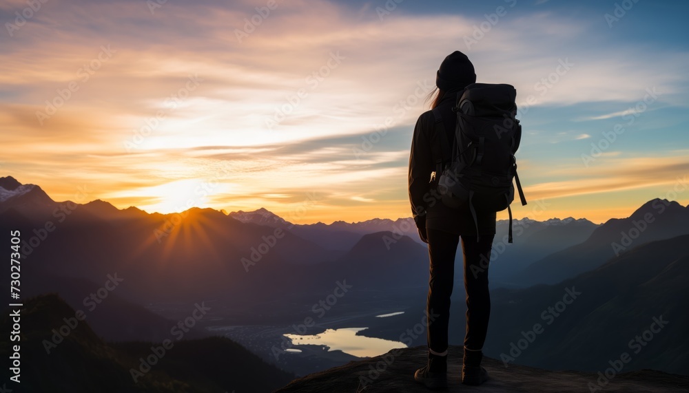 Young woman traveler with backpack on top of the mountain. enjoy the sunset at the horizon.