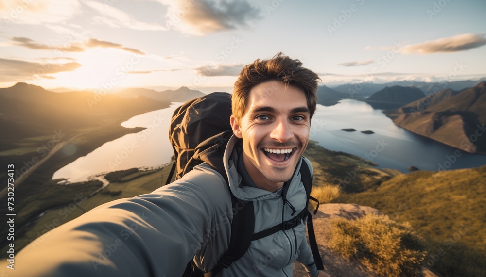 Young man traveler with backpack taking selfie on top of the mountain.