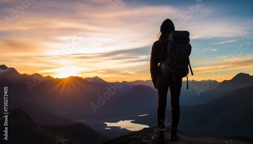 Young woman traveler with backpack on top of the mountain. enjoy the sunset at the horizon.