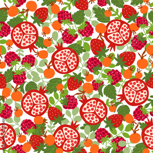 Summer berry and fruits seamless pattern, strawberry, pomegranate, leaves vector repeat background.
