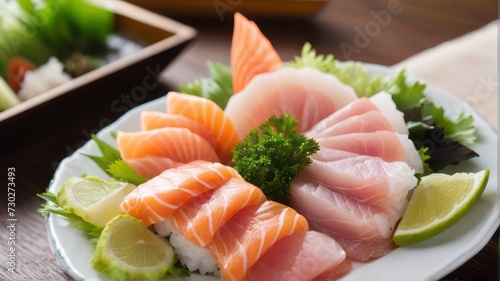 A selection of fresh sashimi slices including salmon and tuna, beautifully arranged on a plate with garnishes of lemon and parsley.