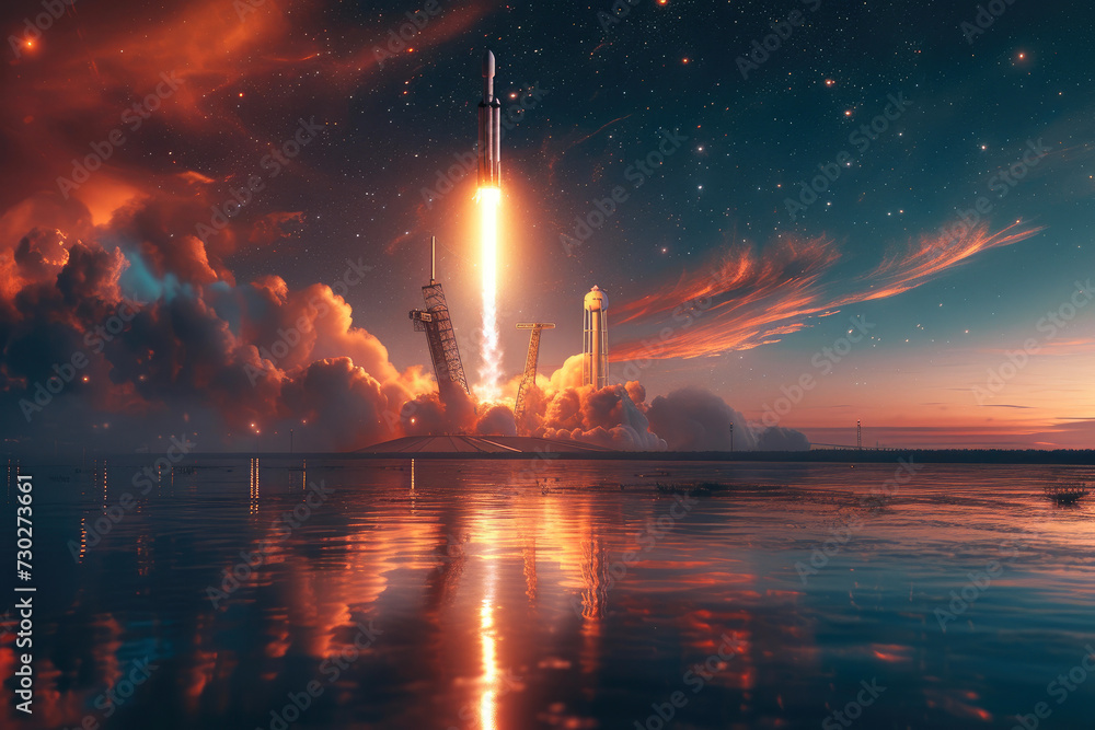 Space Odyssey: Rocket Ascending in Cosmic Splendor
