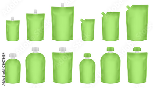 Set of green doypack packaging with screw cap. Blank foil drink bags pouches with spout. Ketchup, mayonnaise or mustard. Stand up doy pack mock up set. Cosmetic refill. Fruit puree, baby food