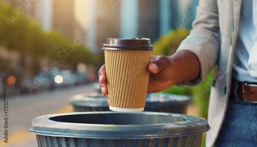  Close-up hand of A man throwing empty paper coffee cup in recycling bin 