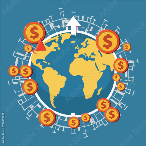 2d vector illustration colorful trading over the world map money bitcoin crypto 
