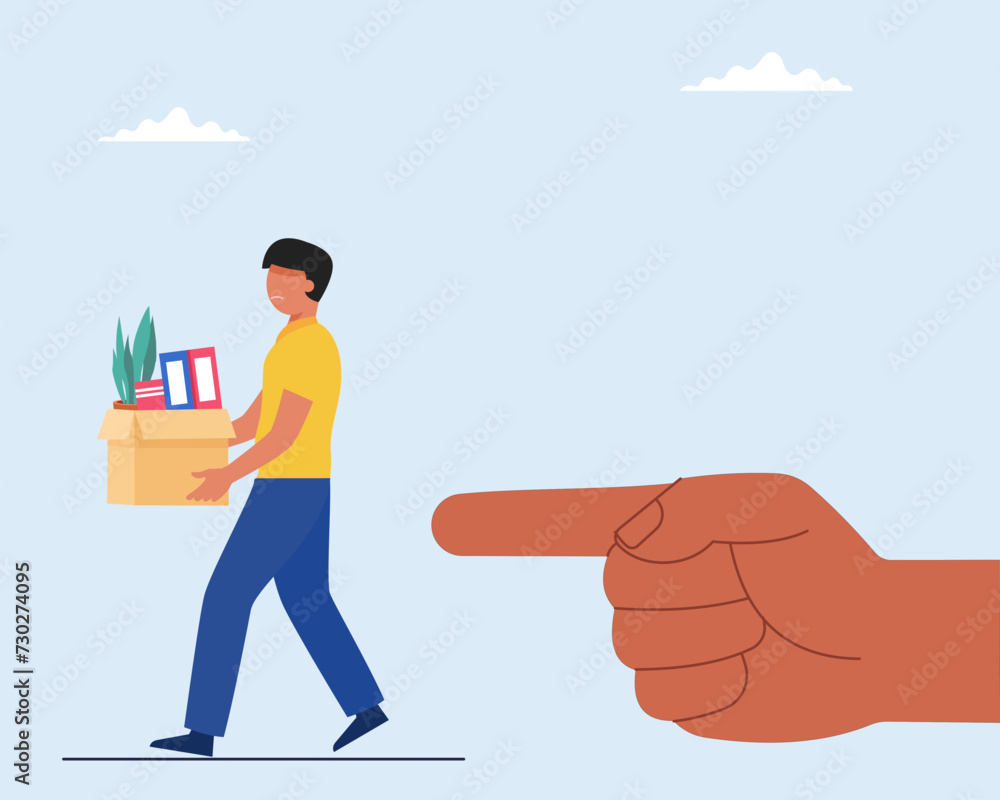 Boss points out dismissed businessman Sad man with a box in hands leaves job Employee job reduction Boss points out dismissed businessman Sad man with a box in hands leaves job Employee job reduction