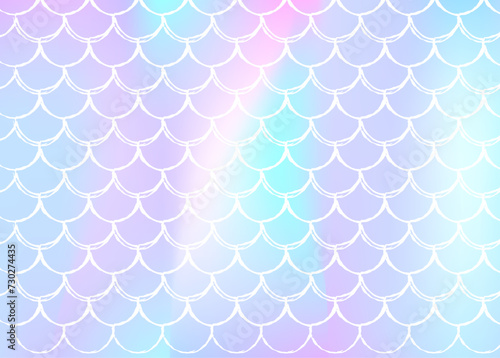 Holographic scale background with gradient mermaid. Bright color transitions. Fish tail banner and invitation. Underwater and sea pattern for girlie party. Colorful backdrop with holographic scale.