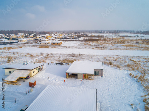 An aerial view of beautiful winter building and nature