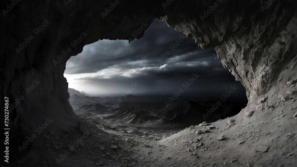 Grey cave exit leading to a desolate landscape (desolation, depression, hardship concepts)