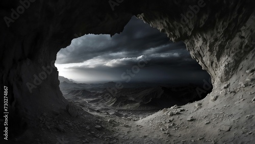 Grey cave exit leading to a desolate landscape (desolation, depression, hardship concepts)