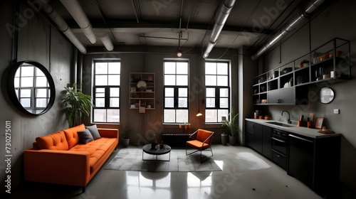 Industrial Oasis: Loft-Style Studio Apartment with Urban Chic Aesthetic in Concrete Gray, Rusty Orange, and Matte Black Cabinet