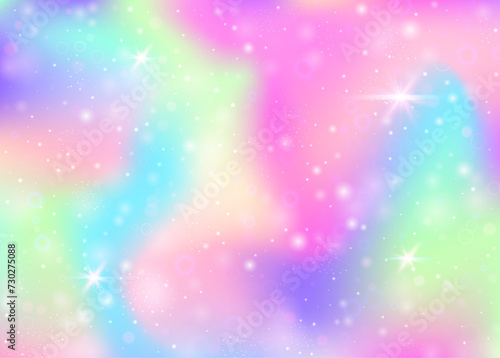 Hologram background with rainbow mesh. Girlie universe banner in princess colors. Fantasy gradient backdrop. Hologram magic background with fairy sparkles, stars and blurs.