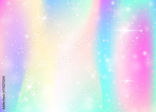 Fairy background with rainbow mesh.  Mystical universe banner in princess colors. Fantasy gradient backdrop with hologram. Holographic fairy background with magic sparkles, stars and blurs.