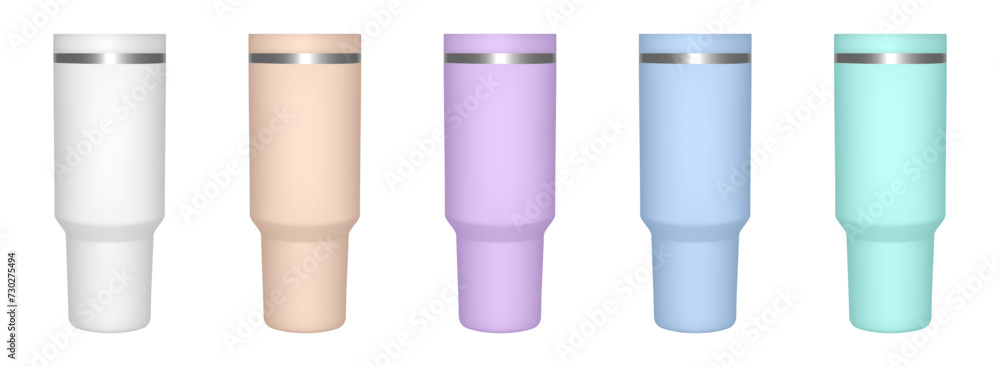 Thermo cup with lid. 3d mockup of a travel tumbler. Set of white, beige, purple, blue and mint green mugs. Thermos template Thermo cup with lid. 3d mockup of a travel tumbler. Set of white, beige, purple, blue and mint green mugs. Thermos template