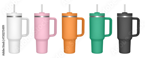 Thermo cup with handle and straw. 3d mockup of a travel thermos. Set of white, pink, orange, green and black mugs. Tumbler template