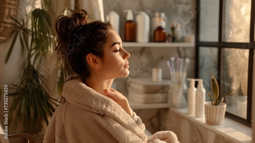 A woman enjoying a moment of relaxation in a cozy robe surrounded by beauty products, creating a spa-like atmosphere at home