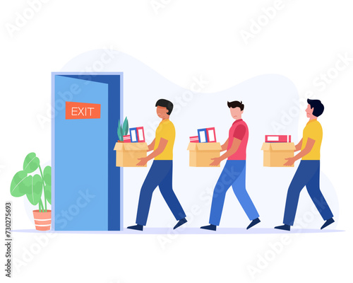 Unhappy fired office worker leaving office with office stuff boxes Jobless and Employee Job Reduction due to economic crisis