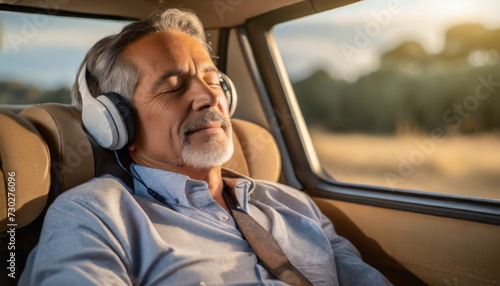  Elderly Man Sleeping in Vehicle with Headphones, Peaceful Rest on the Journey
