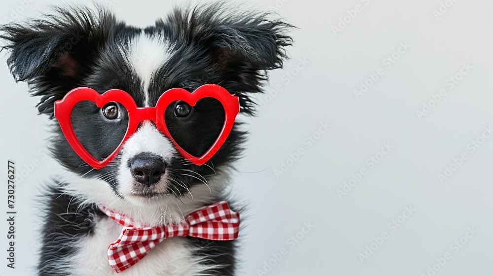 Funny border collie puppy with red heart-shaped glasses generative ai Funny border collie puppy with red heart-shaped glasses generative ai