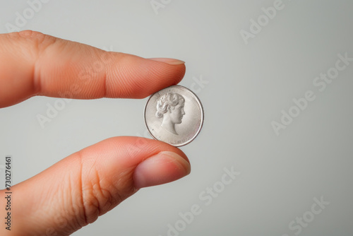 Hand holding silver coin, business currency economy concept, isolated