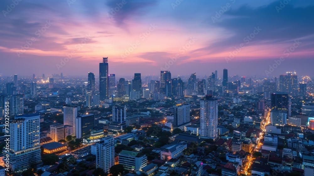 Obraz premium Beautiful cityscape panorama. Pink evening sunset. Modern city aerial drone view. Skyscrapers landscape. Buildings background. Metropolis center dusk. Downtown district. Architecture tower Urban view.