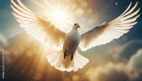 A white dove on bright light shines from heaven background © Marko