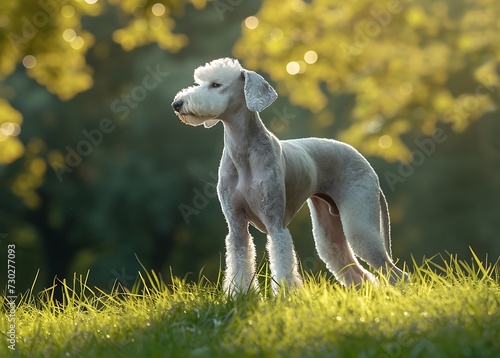 A Bedlington Terrier dog standing on a green grass  in the style of graceful movement  candid celebrity shots