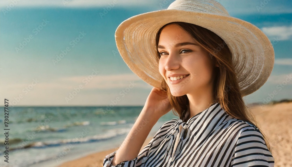beautiful young woman in hat and striped blouse on summer beach