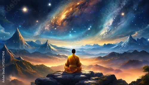 Buddhist in front of epic landscape, meditating, colorful sky, universe with stars and galaxies © creativemariolorek