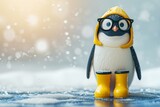 An animated penguin character in yellow boots. 3d illustration