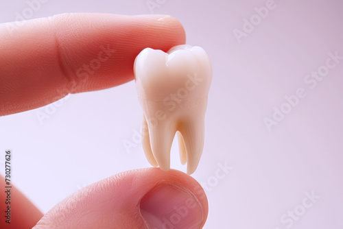 Hand holding a tooth dental treatment isolated on gray background