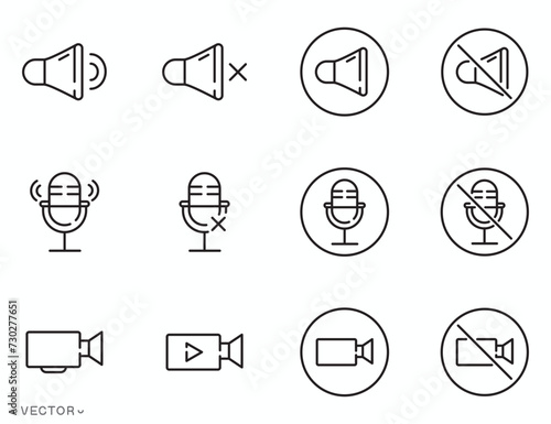Speaker, Mic and Video Camera collection related icons. Basic icons for Video Conferencing, Webinar and Video chat. thin line symbol isolated on white background, editable stroke eps 10 vector