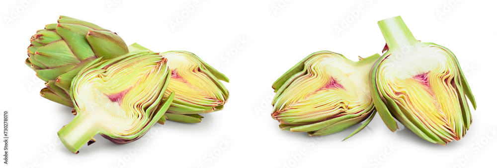 Naklejka premium Fresh Artichokes and half isolated on white background closeup