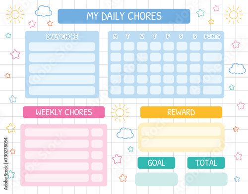 Chore chart for kids. Daily and weekly chores, responsibility for kids. Children routine tracker. Kids discipline, motivation. School Routine, Behavior Chart, Daily Checklist. Reward chart for kids.