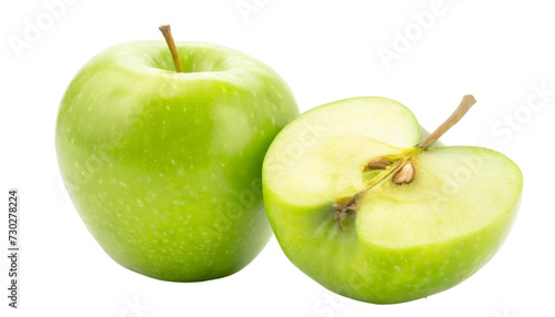 Green apple with leaf isolated on transparent background.