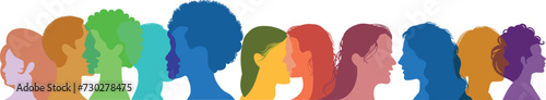 Silhouette of a group of multiethnic people. Racial equality in a multicultural society. Anti-racism concept. Profile silhouettes of different people