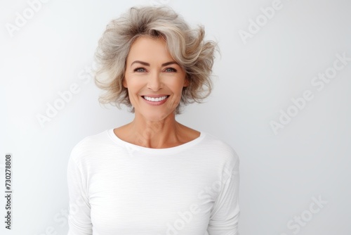 Portrait of a beautiful middle aged woman smiling and looking at camera