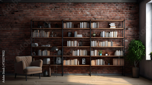 A library with a bookcase and a chair in front of it,, Library Scene with Bookcase and Chair 