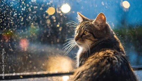 Sad cat sitting on the wet asphalt in the rain  © alionaprof