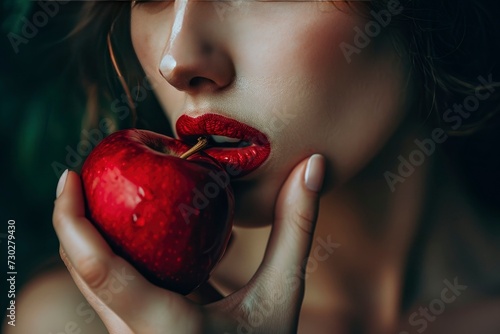 Woman eating red apple. Closeup woman with red lips taking a bite from red apple