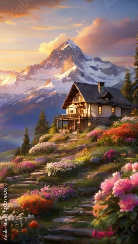 A house in the mountains with a garden of flowers in the foreground. The sky is coloured in blue and orange tones and the snow-capped mountain in the background adds to the majesty.