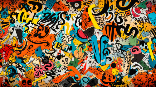 A dynamic pop art collage featuring an array of shapes  patterns  and colors  reminiscent of comic book style. Yar graffiti on the walls of the city streets. Street Art. Freedom of creativity