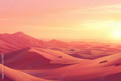 The sun dips below the horizon, casting a warm golden glow over the smooth, windswept sand dunes of a vast and majestic desert landscape. The sun sets over a vast desert. Resplendent. © Summit Art Creations